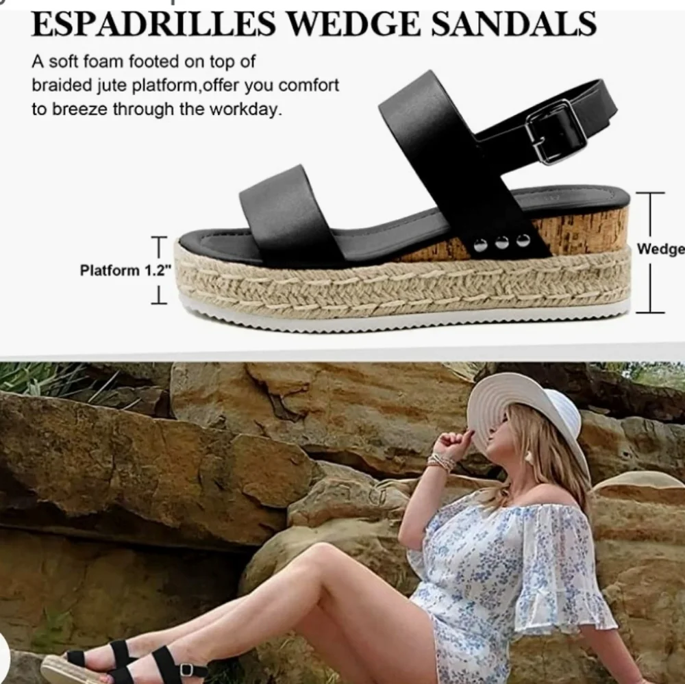 Athlefit Espadrilles Platform Wedge Open Toe Black Sandals Size 11